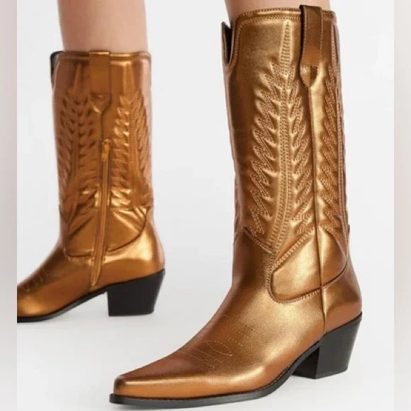 New - Zahra Western Metallic Bronze Heeled Cowboy Boots - Picture 2 of 8